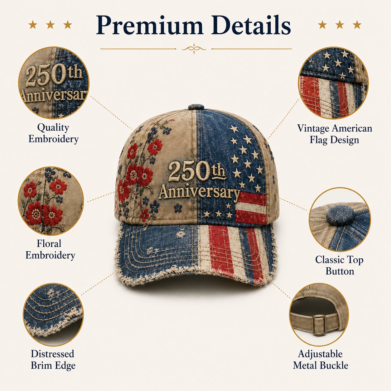 250th Anniversary Vintage Patriotic Embroidered Cap🎁 Free Collectible Honor Coin With Every Cap Purchase
