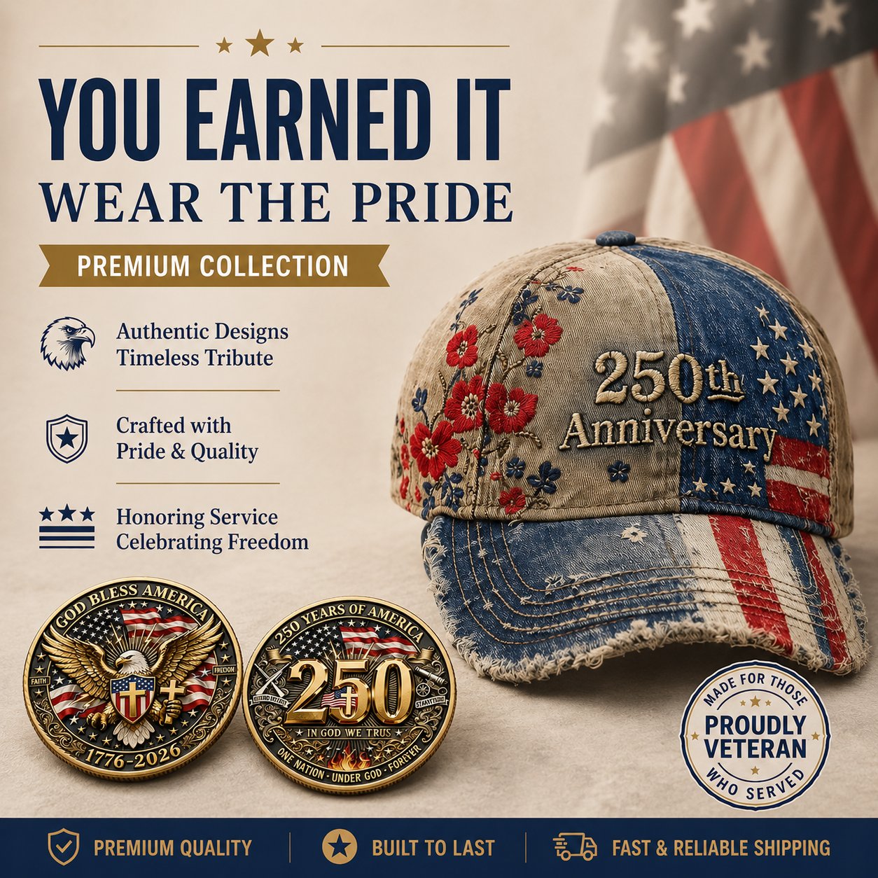 250th Anniversary Vintage Patriotic Embroidered Cap🎁 Free Collectible Honor Coin With Every Cap Purchase