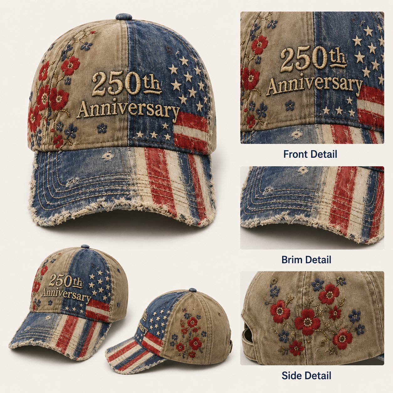 250th Anniversary Vintage Patriotic Embroidered Cap🎁 Free Collectible Honor Coin With Every Cap Purchase